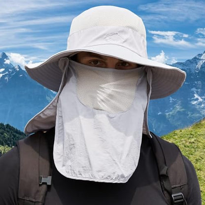 Fishing Hat for Men Sun Protection Hat with Removable Mesh Face Neck Flap Cover Windproof Strap for Men and Women - color: Light Gray