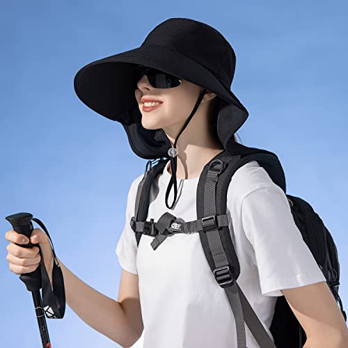 HUAMULAN Men Summer Sun Hat Women Safari Wide Brim Fishing Hats UV Protection Neck Flap Bucket Gardening Hiking Hunting Cap - color: Bg8112-black