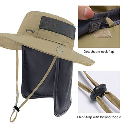 BASSDASH UPF 50+ Sun Fishing Hat Water Resistant with Detachable Neck Flap - color: Dark Khaki - Big Head Size