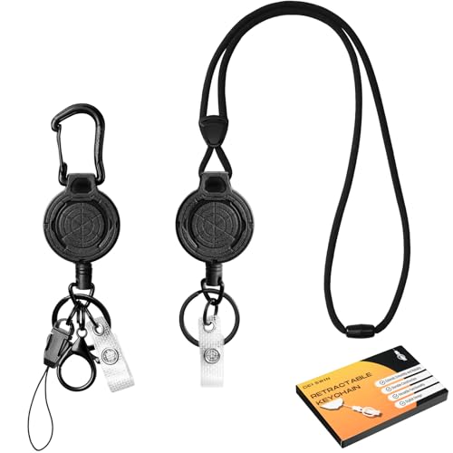 DELSWIN Heavy Duty Retractable Lanyard - Breakaway Lanyards for ID Badges Keys, Retractable Keychain with Upgraded Carabiner, Key Ring, and Lobster Clasp, Bearing 10.0 oz - color: New Carabiner