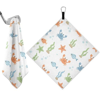 Cartoon Crab Fish White Pattern Magnetic Golf Towel for Golf Bags Microfiber Golf Accessories for Women Men with Carabiner Clip Attaches to Clubs and Carts, 17.7"x17.7"