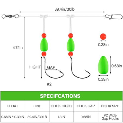 Alwonder 5-Pack Pompano Rigs Surf Fishing Rigs with Snell Floats, Saltwater Live Bait Rig Swivels Duo Lock Snaps Circle Wide Gap Kahle Hooks Rig for Beach Surf Casting Pier Jetty Fishing - color: Green 5-Pack, size: #2 Wide Gap Hook