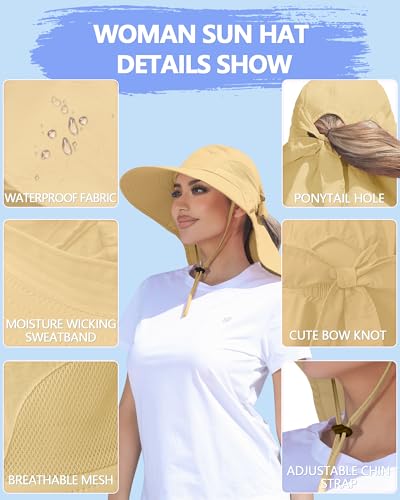 Womens Sun Hat Outdoor UV Protection Wide Brim Fishing Hat with Ponytail Hole Neck Flap for Beach Hiking Camping - color: Khaki