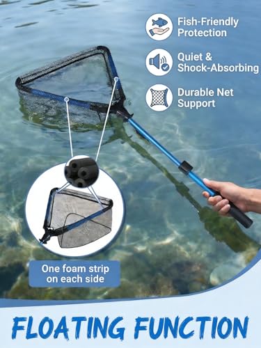 Jenseits Foldable Fishing Landing Net with Telescopic Aluminum Handle, Rubber Coated Fish Net, EVA Floating Frame, Lightweight Extendable Net for Kayak Boat Bass Trout Fishing, Great Gifts for Men