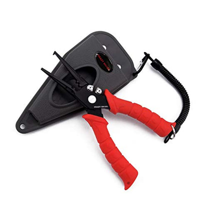 Fishing Pliers, Stainless Steel Fishing Tools, Saltwater Resistant Fishing Gear, Tungsten Carbide Cutters, Split Ring Pliers, Hook Remover with Coiled Lanyard and Sheath - color: Red - 7" Split Ring Nose
