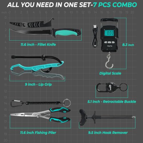 Jenseits Fishing Tool Kit, Fish Gripper, Fishing Pliers, Digital Fish Scale, Fillet Knife, Hook Remover & Fishing Accessories Set, Freshwater Saltwater Fishing Gear, Fishing Gifts for Men Angler - size: 7pcs (with scale)