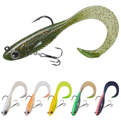 TRUSCEND Duramax Easy Catch Soft Fishing Lures with BKK Hook, Trembly Sinking & Vibrating Swim for More Bites, Pre-Rigged Curly & T-Tail Swimbait for Bass, Trout, Crappie, Freshwater Saltwater Fishing - color: A2-3.5"-3/8oz