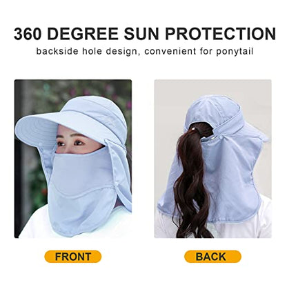 Women Wide Brim Face Mask Sun Hat Detachable Neck Face Flap Ponytail UV Protection Visor Hat Garden Fishing Hiking - color: A8-shun005-qianlan