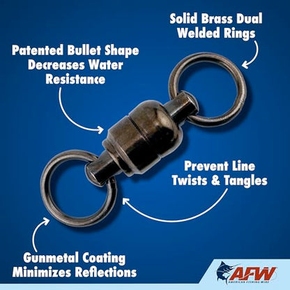 AFW Solid Brass Ball Bearing Fishing Swivels with Double Welded Rings - Patented Bullet Shaped Head for Reduced Water Resistance, Black Finish, Fishing Tackle, Up to 660lb Test