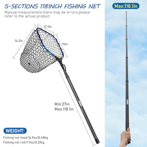 THKFISH Carbon Fiber Fishing Landing Net- 27 to 157.5 Inch Long Handle, Portable Collapsible Fishing Net for Salmon, Steelhead, Fly, Catfish, Bass, Trout Fishing, Trout Net, Dip Net Gifts for Men - size: 118” Telescopic Handle