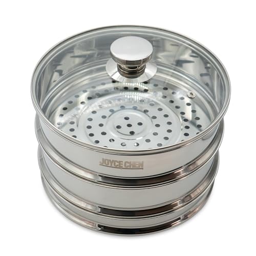 Joyce Chen 10-Inch Stainless Steel Two-Tier Steamer with Glass Lid & Wok Adapter Ring, 304 Stainless Steel, Dishwasher Safe - size: 10 inch - steel