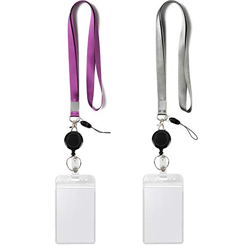 2Pack Lanyards with Vertical ID Badge Holders,Retractable Reel,Grey,Purple | Lightweight with Clips,for Office,Keys etc - color: Grey&purple&badge Reel-badge Holder Vertical