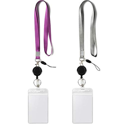 2Pack Lanyards with Vertical ID Badge Holders,Retractable Reel,Grey,Purple | Lightweight with Clips,for Office,Keys etc - color: Grey&purple&badge Reel-badge Holder Vertical