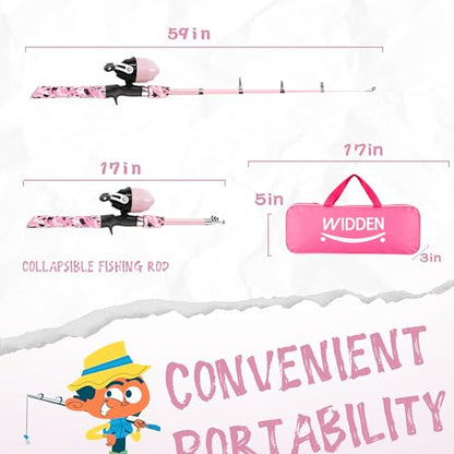 WIDDEN Kids Fishing Pole, Portable Telescopic Kids Fishing Poles for Boys and Girls, Fishing Rod and Reel Combo Kit with Tackle Box, and Fishing Net, Best Fishing Pole for Toddler Youth - color: Light Pink