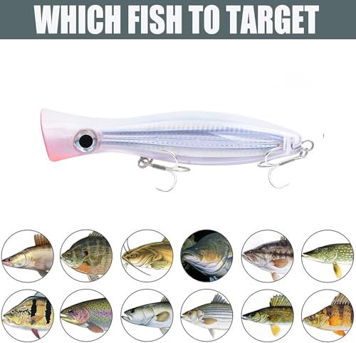 Popper Fishing Lure, JAZALIC 1 PCS Topwater Popper Lures 3D Eyes Fishing Accessories for Saltwater Surface Casting and Freshwater Gt Tuna Kingfish Large Predator Fish (6.3in, 2.82Oz) - color: Pink&White
