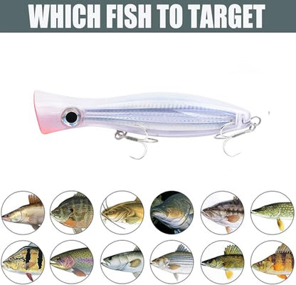 Popper Fishing Lure, JAZALIC 1 PCS Topwater Popper Lures 3D Eyes Fishing Accessories for Saltwater Surface Casting and Freshwater Gt Tuna Kingfish Large Predator Fish (6.3in, 2.82Oz) - color: Pink&White