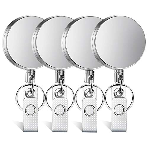 Selizo 4 Pieces Retractable Badge Holder Heavy Duty Badge Reels ID Holder with Keychain Ring Clip for ID Card Carabiner Key Card Work Badge - color: Silver