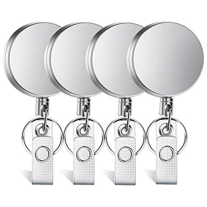 Selizo 4 Pieces Retractable Badge Holder Heavy Duty Badge Reels ID Holder with Keychain Ring Clip for ID Card Carabiner Key Card Work Badge - color: Silver