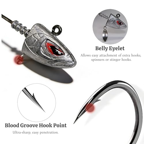 Saltwater Jig Heads 10 Pack, 3D Red Eyes with Bait Keeper & Belly Trailer Hole, 3/4oz to 1-3/4oz, 6/0 & 8/0 Hooks for Inshore Offshore Saltwater Fishing - size: 1-3/4oz - 10Pcs