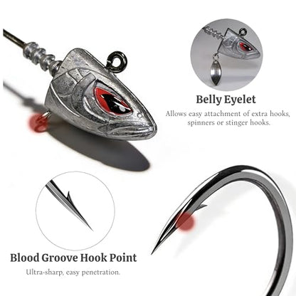 Saltwater Jig Heads 10 Pack, 3D Red Eyes with Bait Keeper & Belly Trailer Hole, 3/4oz to 1-3/4oz, 6/0 & 8/0 Hooks for Inshore Offshore Saltwater Fishing - size: 1-1/2oz - 10Pcs