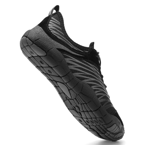 UBFEN Water Shoes for Men Women Quick Dry Swim Aqua Socks | Lightweight Barefoot-style Fit, Rubber Sole, Hiking, Fishing, Kayaking, Beach, Pool, Boating, Diving And Water-to-land Wear - color: H Black/Grey, size: 9.5 Women/7.5 Men