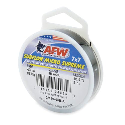American Fishing Wire Surflon Micro Supreme Nylon Coated 7x7 Stainless Steel Leader Wire - Knottable Wire Leaders for Fishing Saltwater, Fly Fishing, 13lb Test - 90lb Test, Bright, Black & Camo Colors - color: Black, style: 5 Meter, 40 Pound Test