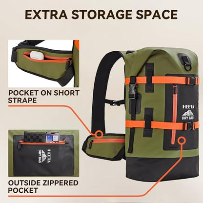 HEETA Dry Bags Waterproof Backpack 40L for Men & Women, Roll Top Heavy Duty Cushioned Hiking Backpack for Kayaking Boating Paddle Boarding Fishing Travel Camping Beach Vacation Cruise Ship Essentials - color: Green