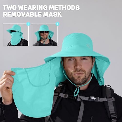 Rosoz Sun Hat for Men Women with Neck Flap,Wide Brim UPF50+ Fishing Hat with Detachable Face Cover Outdoor Sun Protection Hat - color: 1pack-aqua
