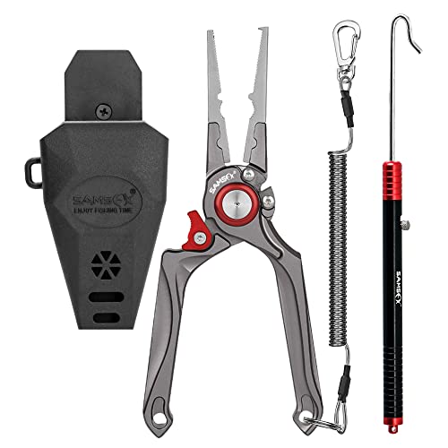 SAMSFX Fishing Pliers, Muti-Function Fly Fishing Tools, 8" Saltwater Resistant Gear Hook Remover Split Ring Tungsten Cutters, with Lanyard & Sheath