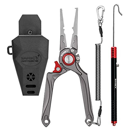 SAMSFX Fishing Pliers, Muti-Function Fly Fishing Tools, 8" Saltwater Resistant Gear Hook Remover Split Ring Tungsten Cutters, with Lanyard & Sheath - color: Red Fishing Pliers with Dehooker