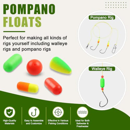 Pompano Rigs Making Kit Surf Fishing Rig Saltwater Fishing Accessories Bottom Rig Parts Pompano Snell Floats Fishing Beads Circle Hooks Fishing Swivels Duo Lock Snaps Pompano Rigs for Surf Fishing