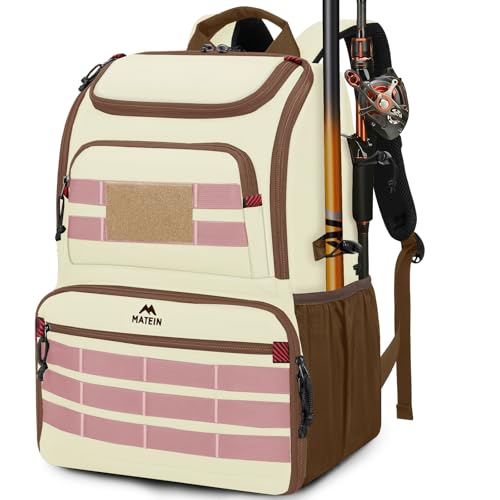 MATEIN Fishing Backpack Tackle Box, Tackle Backpack with Cooler for Men | Tackle Box Backpack, Fishing Bag with Rod Holders, Hold 4 3600 Tackle Boxes, Water Resistant, Gear Accessories, Fishing Gifts - color: Beige & Brown & Pink