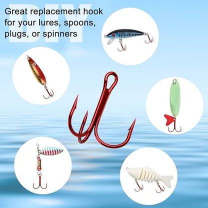 Fishing Treble Hooks - Sharp Strong Red Treble Fishing Hooks High Carbon Steel Triple Hooks Round Bend Barbed Fish Hook for Saltwater Freshwater Size #14-1/0 - size: 60pcs-1/0