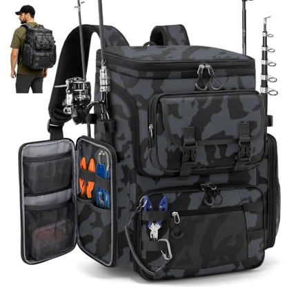 RAINSMORE Fishing Backpack, 45L Large Fishing Bag with 4 Rod Holders & Insulated Cooler Professional Fishing Tackle Backpack with Rain Cover Waterproof Tackle Bag for Men Gift, Black Camouflage - color: Black Camouflage