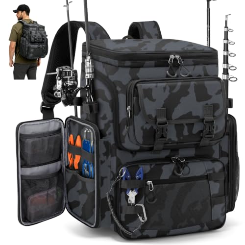 RAINSMORE Fishing Backpack, 45L Large Fishing Bag with 4 Rod Holders & Insulated Cooler Professional Fishing Tackle Backpack with Rain Cover Waterproof Tackle Bag for Men Gift, Black Camouflage - color: Black Camouflage