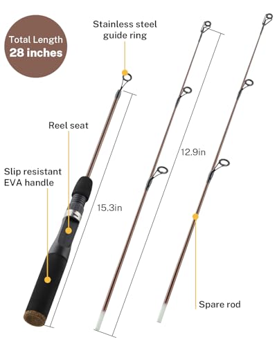 Gonex Ice Fishing Rod Reel Combo Medium Light Carbon Fiber Fiberglass Portable Complete Kit Include Skimmer Spare Rod Spinning Ice Fishing Reel Ice Jig Folding Stool for Winter Fishing - size: 28in, Medium Light