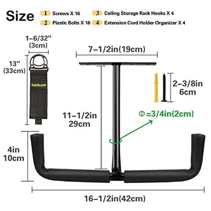 4 Set Overhead Garage Storage Rack, Heavy Duty Overhead Storage Double Hook, Ceiling Mount Hanger Safe Racks Hooks, Hanging for Lumber Ladder Storage & Other Bulky Items (Pack of 4 - Black) - size: Width 16.5in/42cm 4 pack
