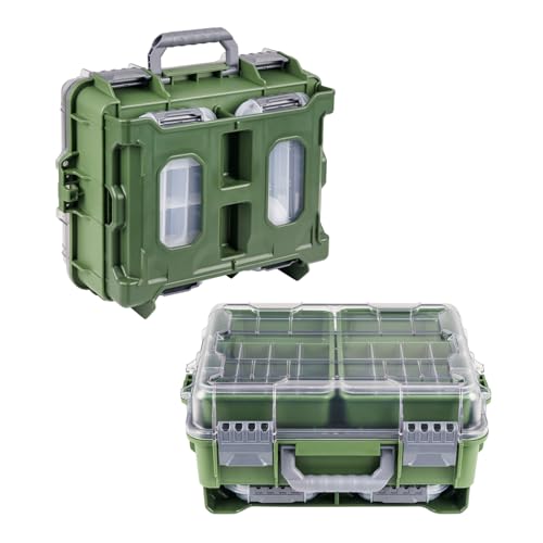 THKFISH Waterproof Tackle Box, Portable Fishing & Tackle Storage Box with Two 3500 Stowaway Boxes and Removable Dividers, Tackle Box, Thicker Floating Airtight Stowaway,Pink/Green/Blue/Grey - color: M-Green