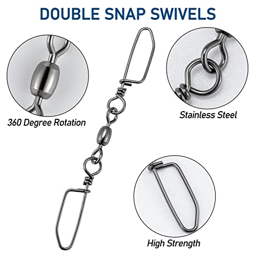 Dr.Fish 20 Pack Double Snap Swivels, High Strength Crane Barrel Swivels Coastlock Snaps Stainless Rust Resistant Saltwater Connector Trolling Planer Board Line Release Clips - size: #1/0*#4(Snap)-121LB