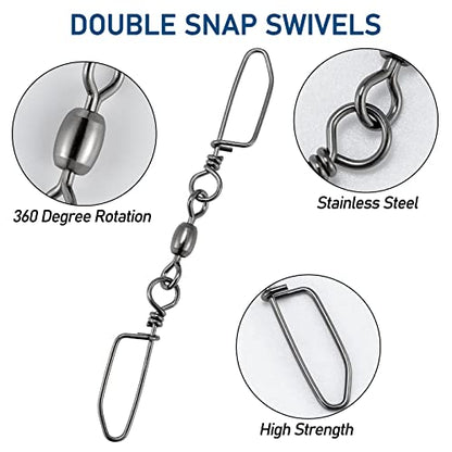 Dr.Fish 20 Pack Double Snap Swivels, High Strength Crane Barrel Swivels Coastlock Snaps Stainless Rust Resistant Saltwater Connector Trolling Planer Board Line Release Clips - size: #4/0*6(Snap)-220LB