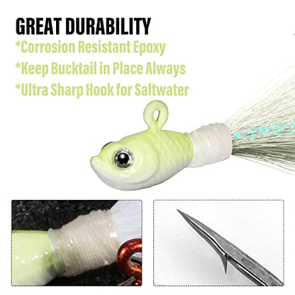 Dr.Fish 3 Pack Bucktail Jig Lure Hair Jig Saltwater Freshwater Lures Surf Fishing Bass Flounder Striper Bluefish Halibut Redfish - color: Glow in Dark(pack of 3), size: 1 oz