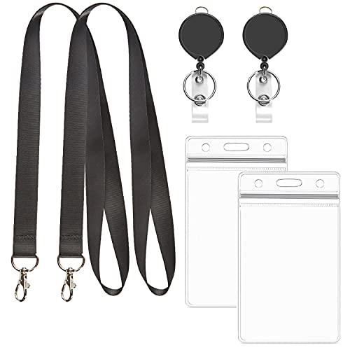 2Pcs Black Lanyards with Vertical ID Badges Holder 4x3 and Retractable Reel | Flat,with Metal Hook,for office - color: Black Lanyard With Badge Holder 4x3 Vertical