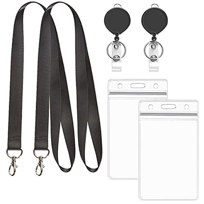 2Pcs Black Lanyards with Vertical ID Badges Holder 4x3 and Retractable Reel | Flat,with Metal Hook,for office - color: Black Lanyard With Badge Holder 4x3 Vertical