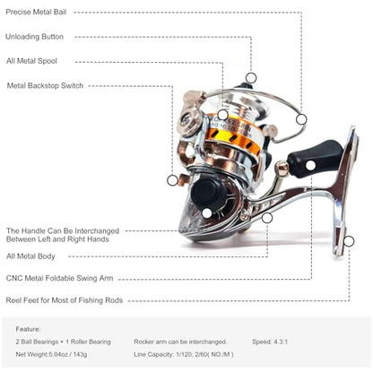 Micro Compact Spinning Reel, Mini 100 Metal Small Fishing Reel for Freshwater and All Season Fishing