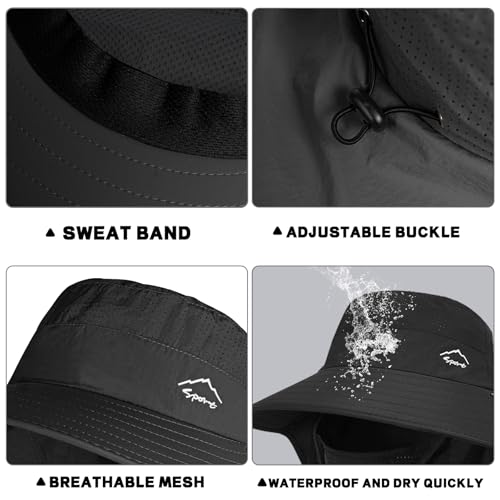 Rosoz Sun Hat for Men Women with Neck Flap,Wide Brim UPF50+ Fishing Hat with Detachable Face Cover Outdoor Sun Protection Hat - color: 1pack-black