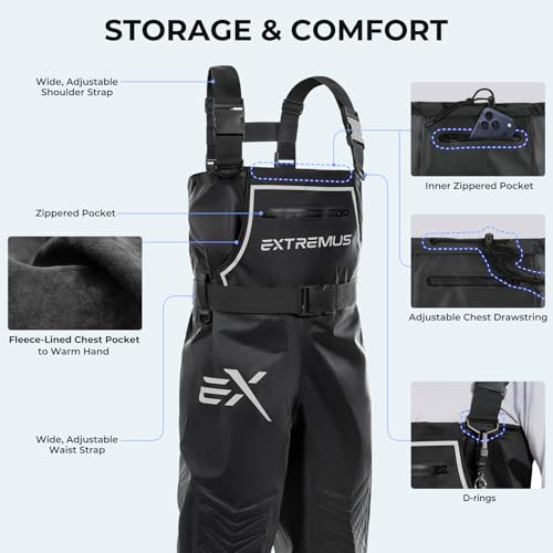 Extremus MarshPro Fishing Waders for Men, 100% Waterproof PVC Chest Waders with Slip-Resistant Boots - color: Black