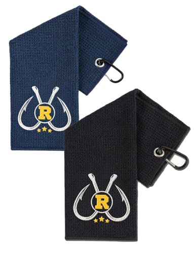 Embroidered Fishing Towels with Clip, Personalized Microfiber Towel Accessories for Fishing Lovers, 16x16 Inches, Pack of 2, Initial R - color: R