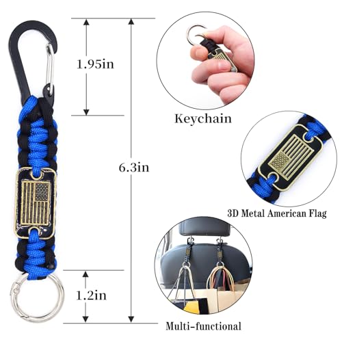 Heavy Duty Braided Paracord Lanyard Keychain with USA Flag, Parachute Rope Necklace Keychains, Braided Strong Lanyard - color: 2 Pcs Black-blue