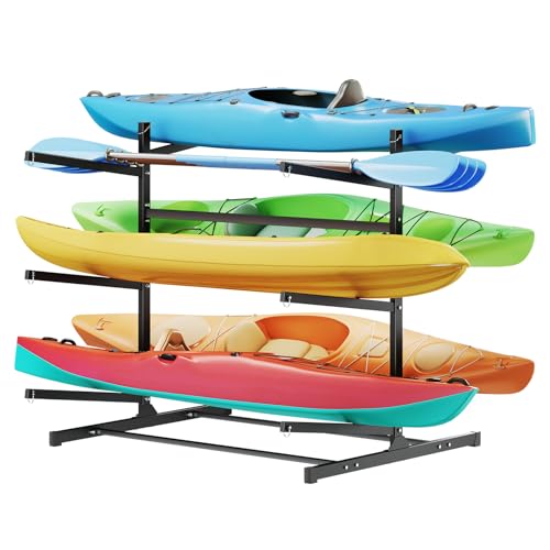 VEVOR Kayak Storage Rack, Heavy Duty Adjustable Freestanding Stand with Lockable Wheels for Indoor Outdoor Garage Shed Dock, Holder for Canoe, SUP, Surfboard & Paddleboard - style: Stand-6 Kayaks-black