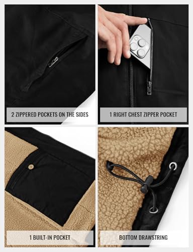 TBMPOY Men's Winter Vest Casual Sherpa Fleece lined Full Zip Lightweight Vest Outerwear Warm Cotton Travel Jackets - color: Black, size: XX-Large